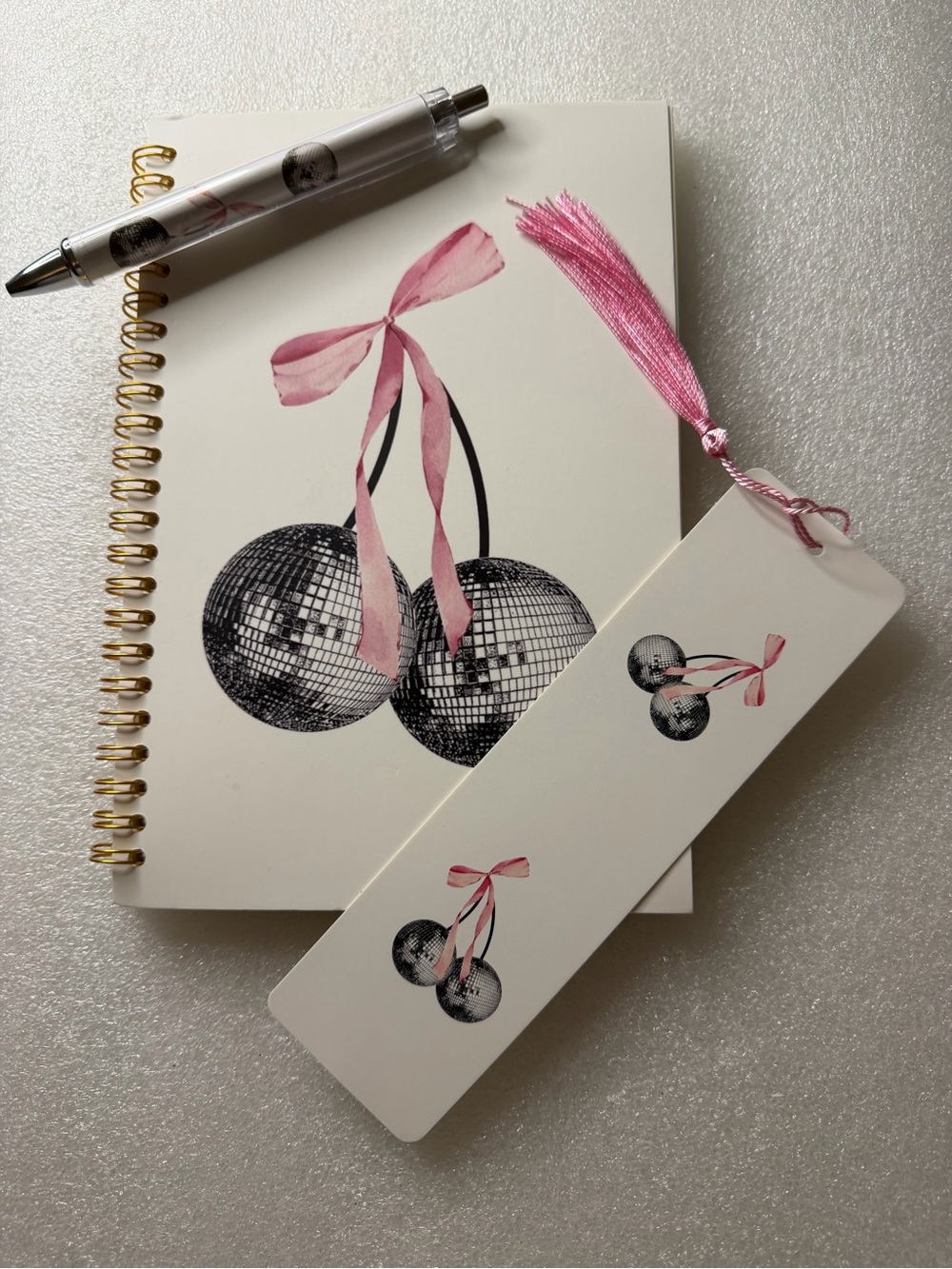 Notebook & Bookmark Set with Pink Ribbon Cherry Motif